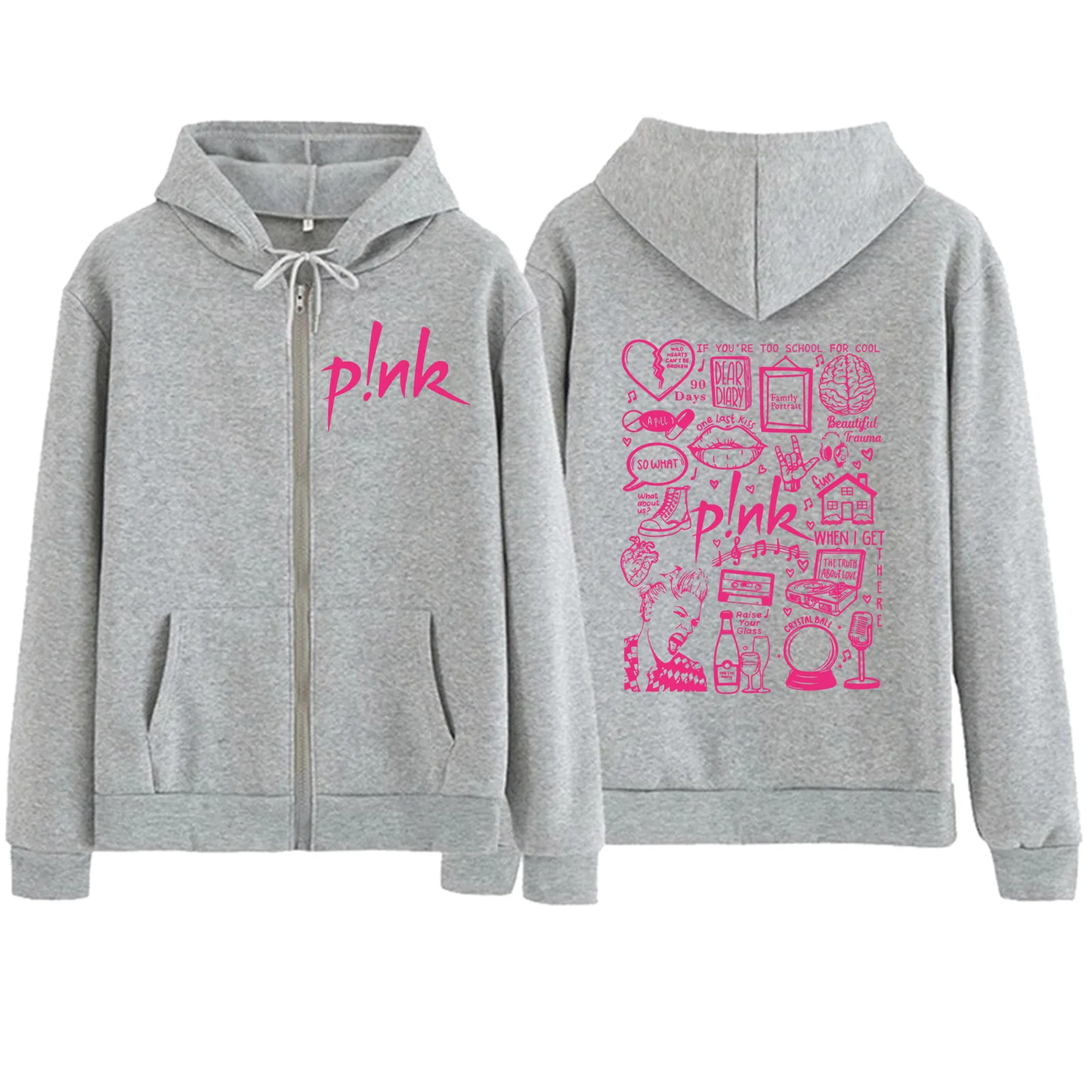 Pink – Doodle Print Zip Up Hoodie Pink Merch