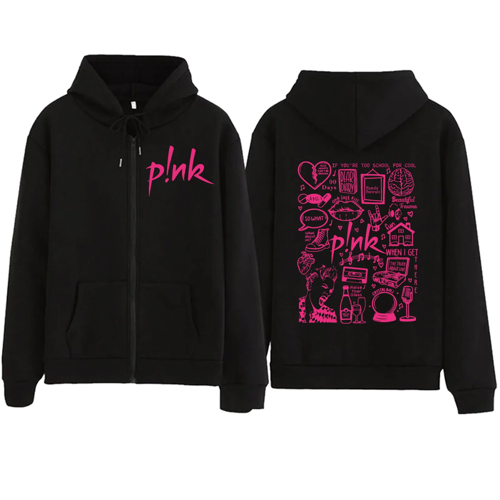 Pink – Doodle Print Zip Up Hoodie Pink Merch