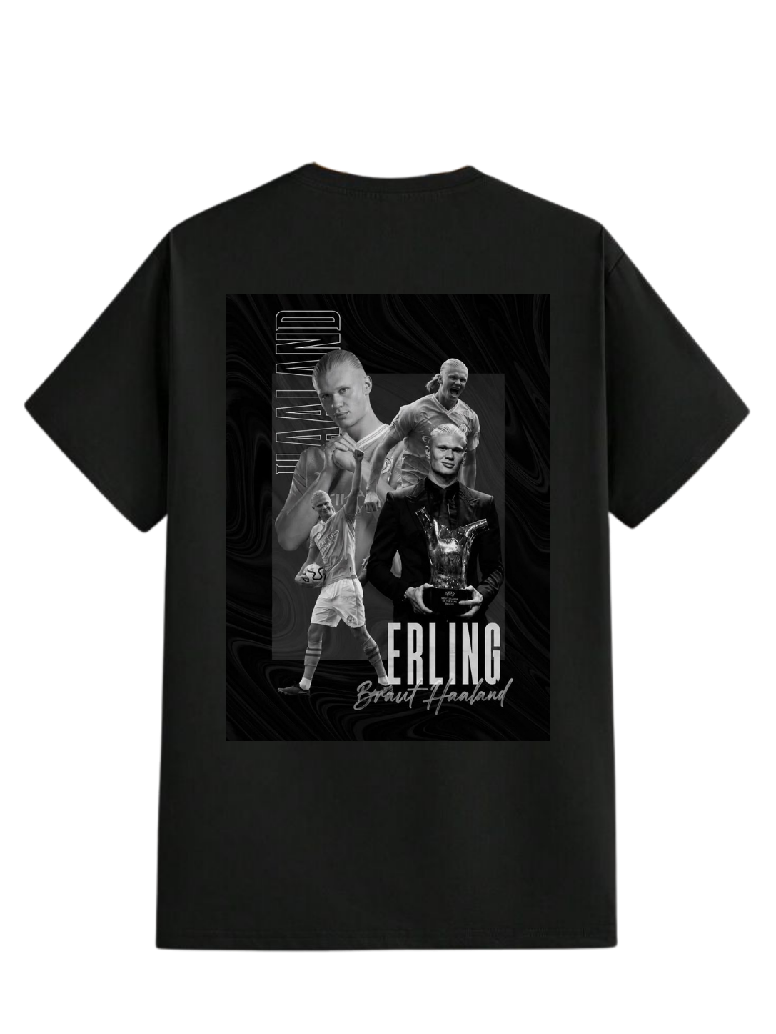 Black Erling Haaland shirt featuring a monochrome collage of football moments, portraits, and award imagery on the back.