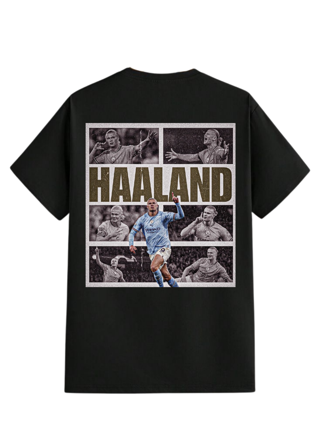 White t-shirt back graphic featuring Erling Haaland in a retro comic book style collage layout with distressed bronze gold lettering, black and white celebration panels, and a central color action shot.